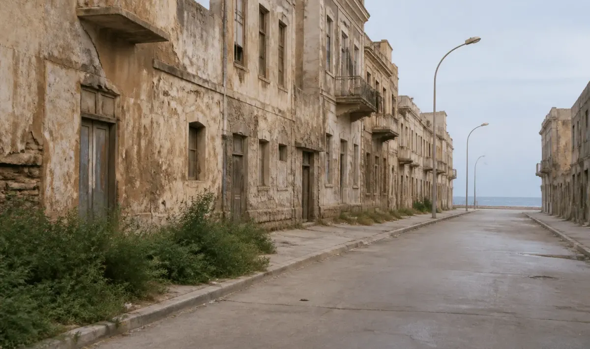 Rues desertes de ville côtiere avec batiments anciens délabres