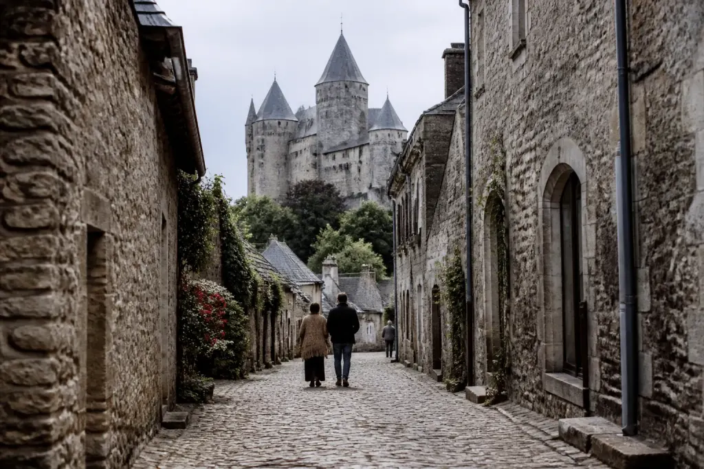 Rues pavees du centre-ville avec commerces et château historique visible