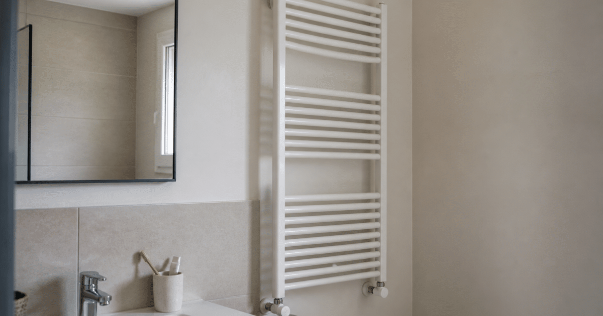 Radiateur mural blanc installee verticalement au-dessus lavabo salle bain