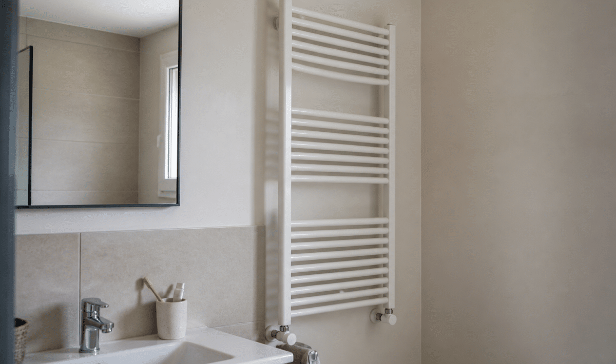 Radiateur mural blanc installee verticalement au-dessus lavabo salle bain