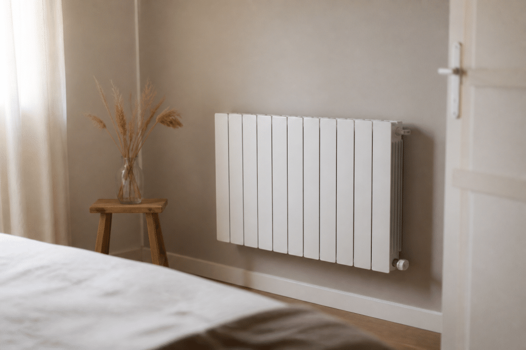 Radiateur blanc mural dans chambre aux murs beiges clairs
