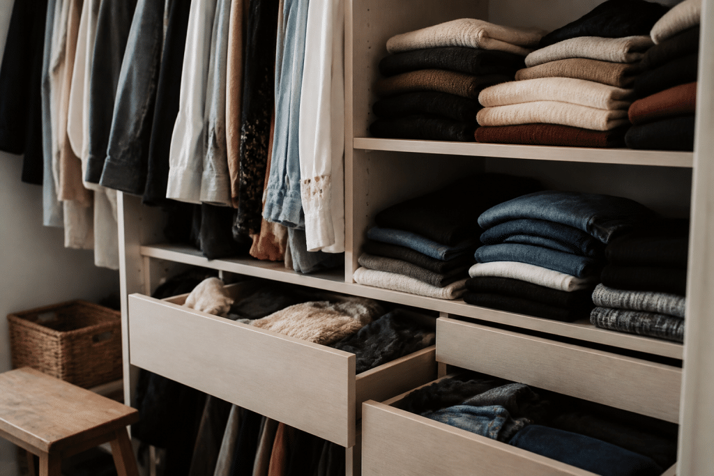 Penderies avec vêtements, étagères avec pulls pliés, tiroirs ouverts