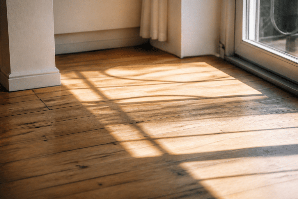 Rayons solaires illuminant lames parquet alignees paralleles fenetre
