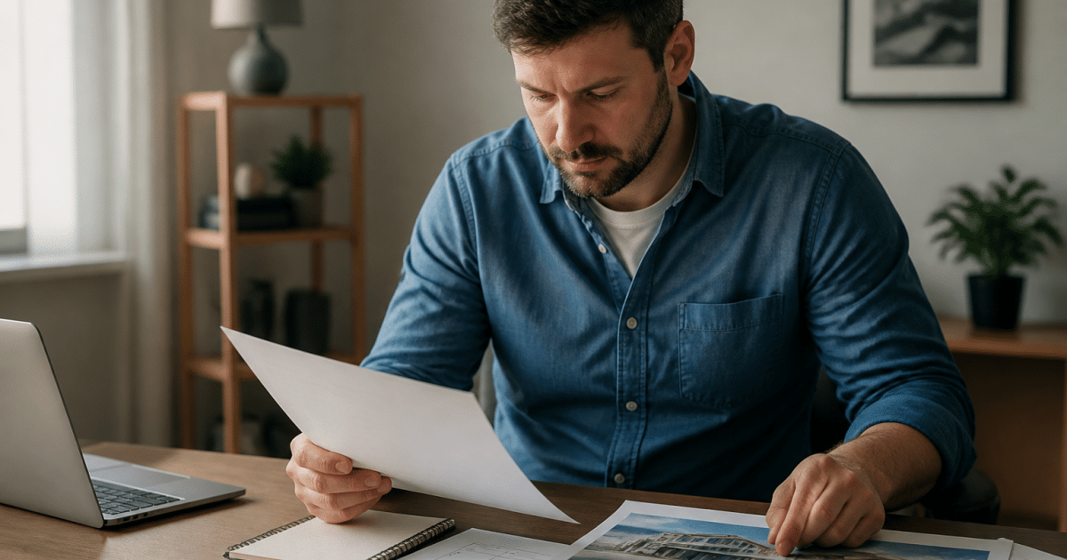 Homme assis à bureau examinant documents immobiliers et calendrier