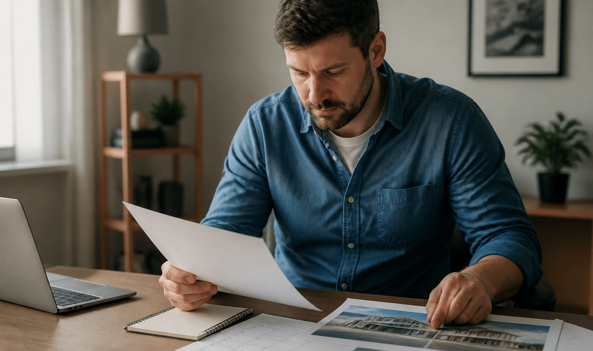 Homme assis à bureau examinant documents immobiliers et calendrier