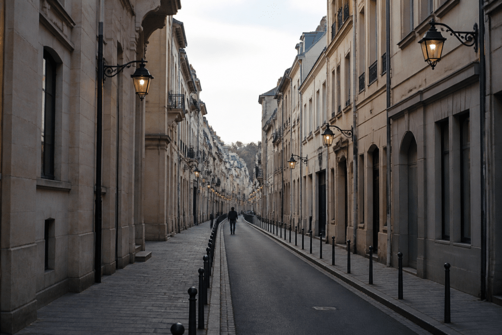 Rue historique avec facades restaurees et nouvel eclairage urbain