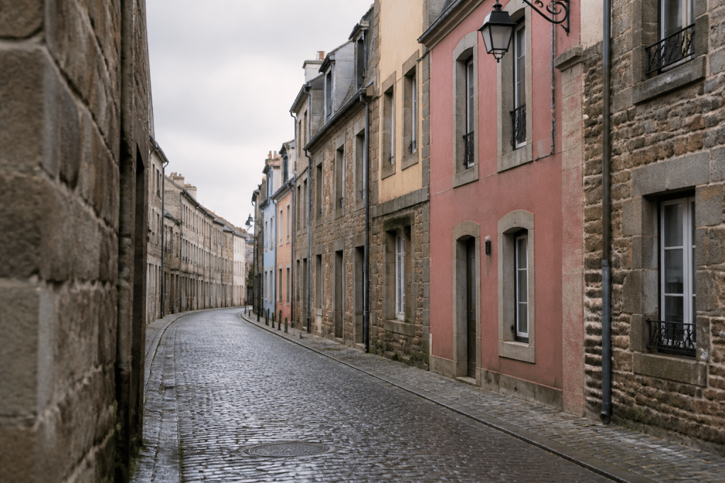 Rue pavee de Saint-Malo avec facades colorees et lampadaires