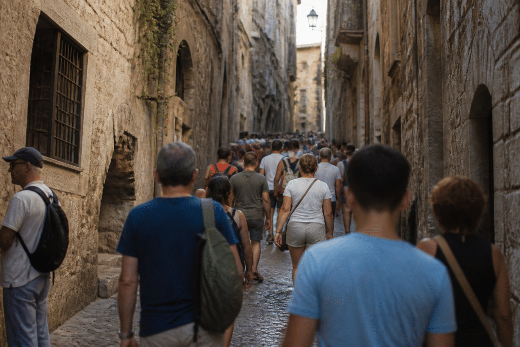 Ruelles pavees bondees de touristes entre murs anciens
