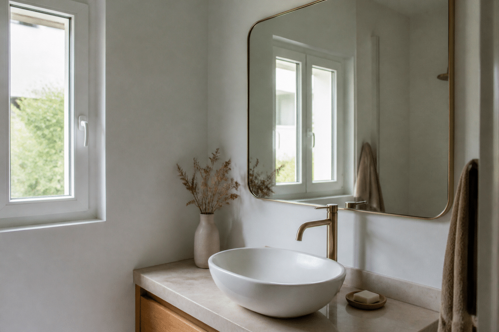 Salle de bain claire avec miroir reflétant lumière naturelle