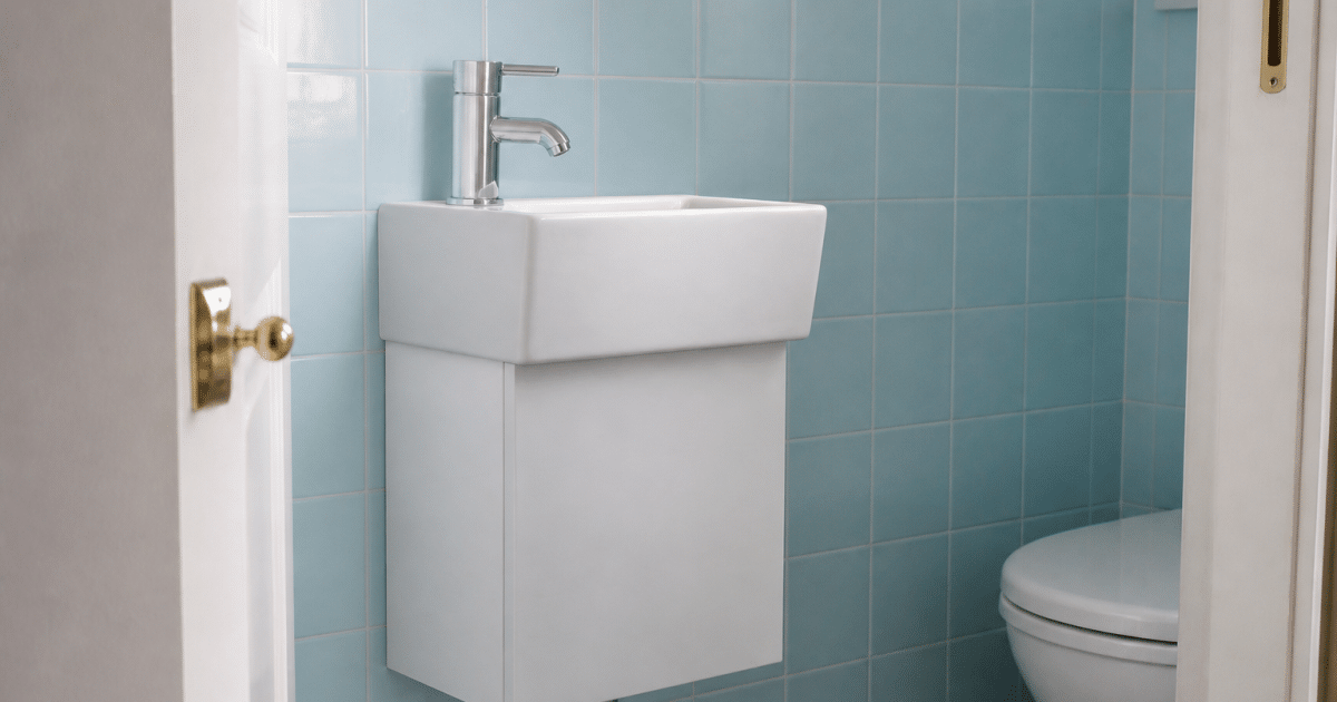 Lavabo blanc compact adossé mur carrelage bleu ciel
