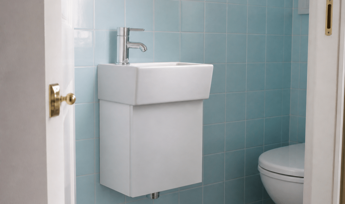 Lavabo blanc compact adossé mur carrelage bleu ciel