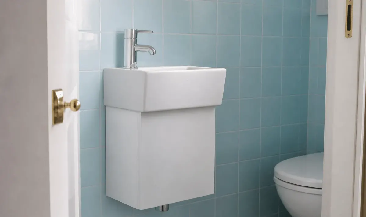 Lavabo blanc compact adossé mur carrelage bleu ciel