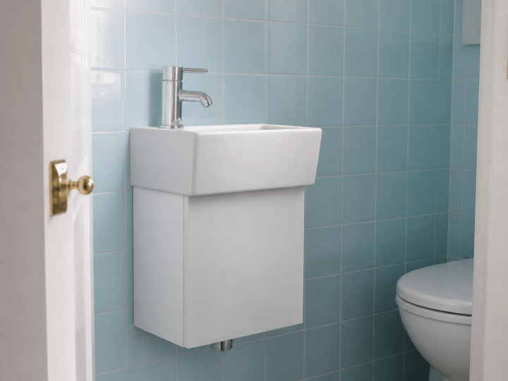 Lavabo blanc compact adossé mur carrelage bleu ciel
