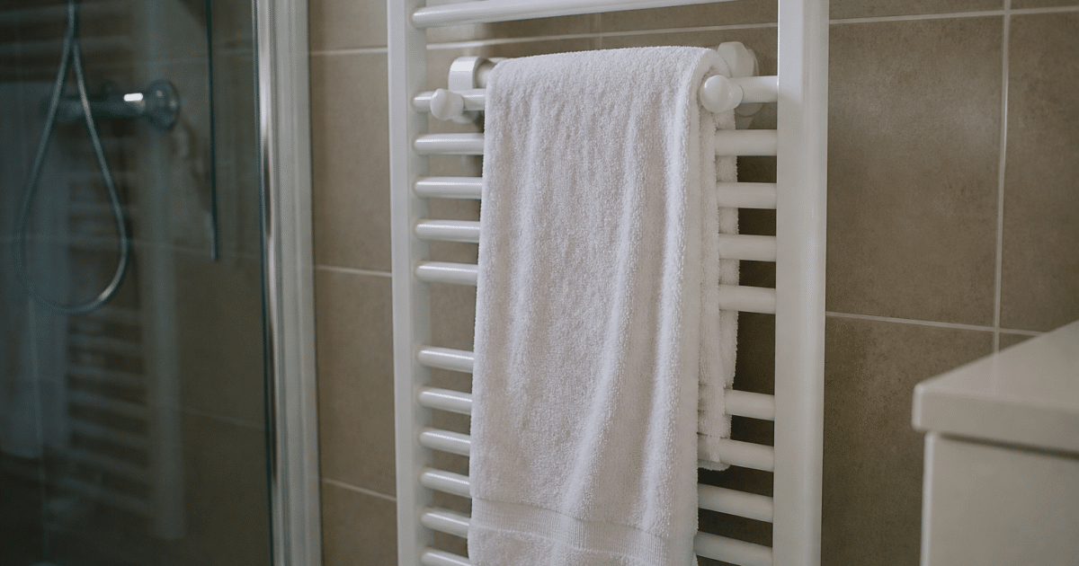 Serviette blanche accrochee sur radiateur mural salle bain