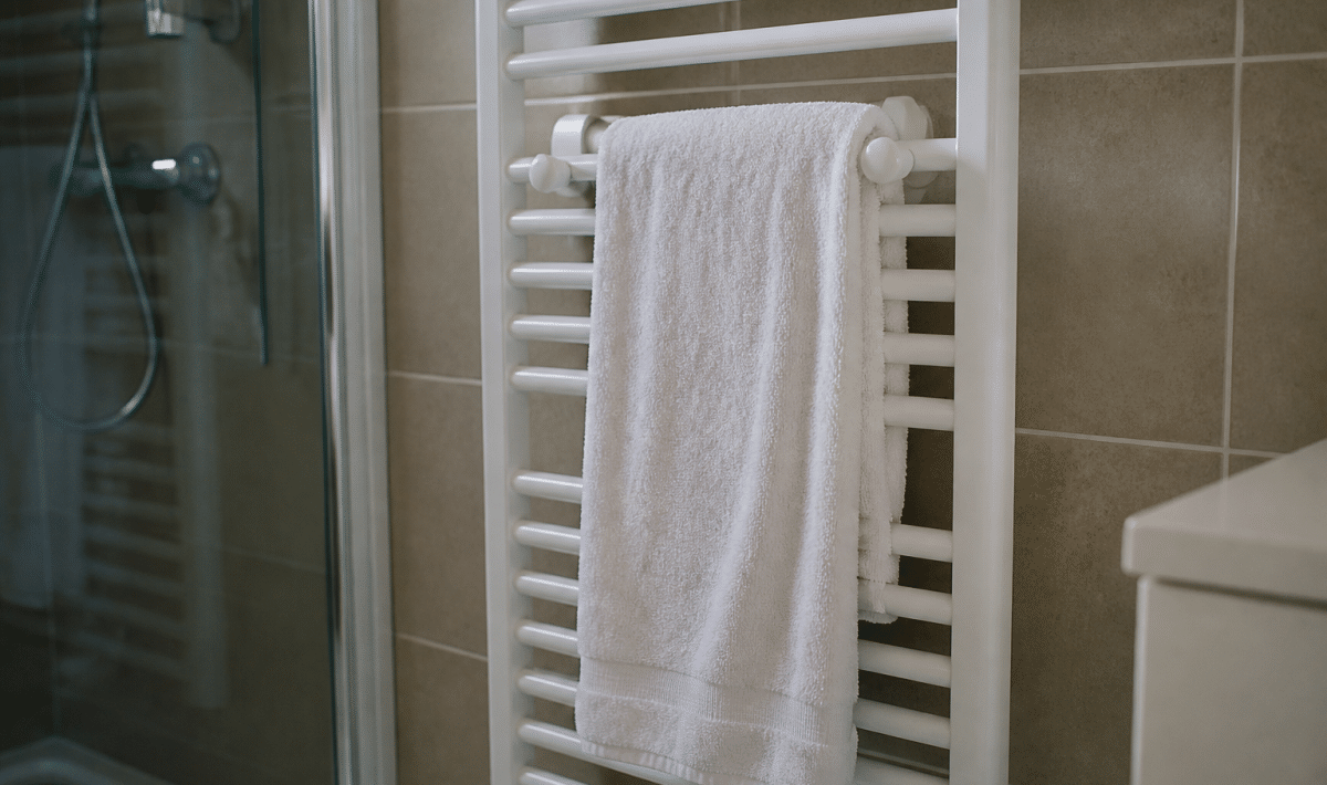 Serviette blanche accrochee sur radiateur mural salle bain