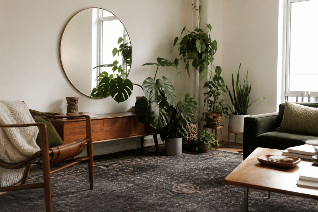 Grand tapis sous mobilier, plantes vertes échelonnées, miroir mural