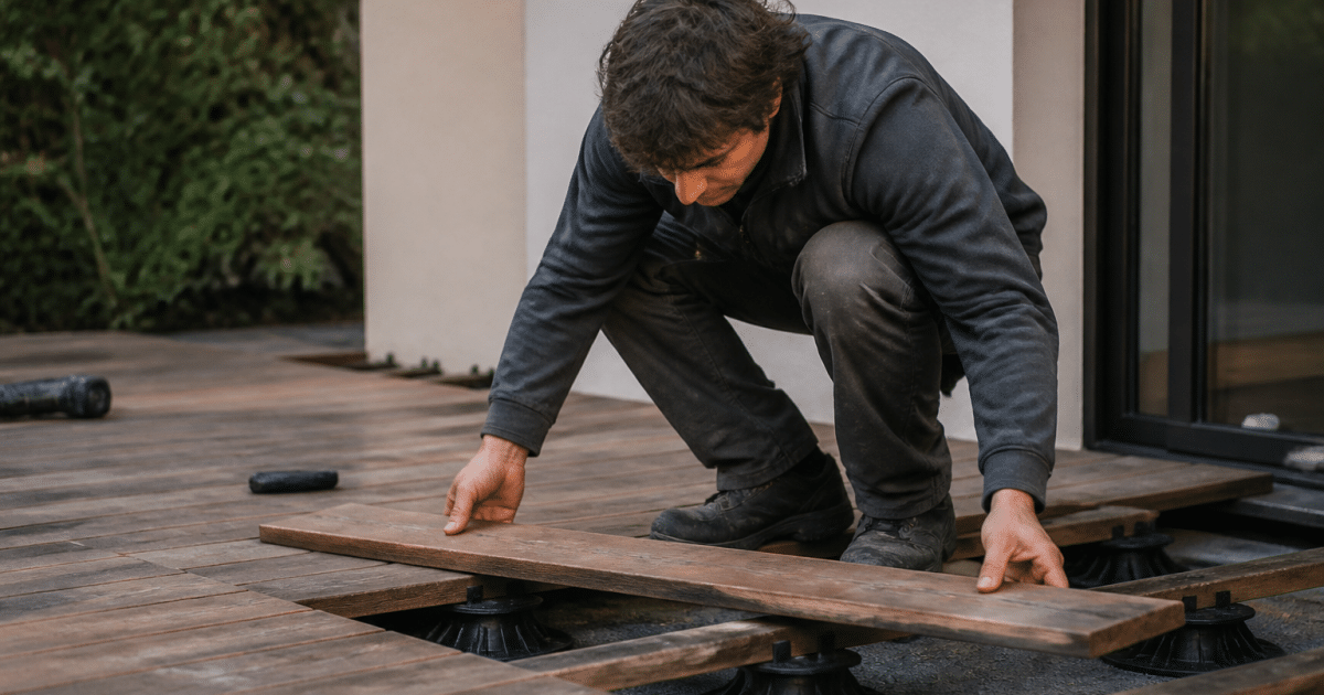 Ouvrier posant dalles de bois sur plots de support sureleves