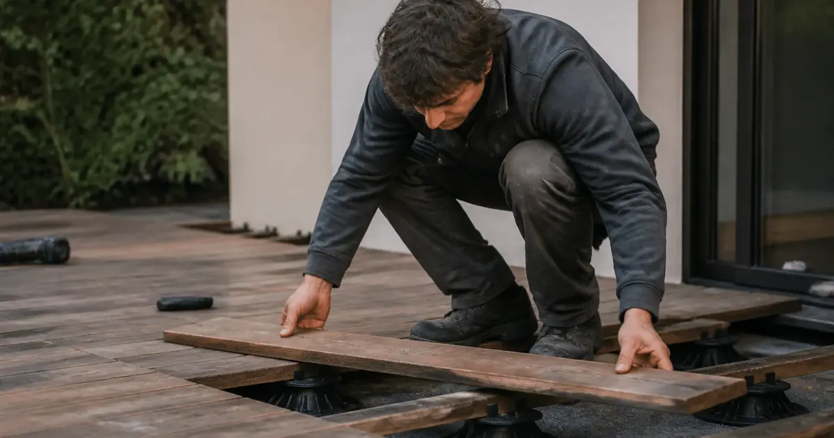 Ouvrier posant dalles de bois sur plots de support sureleves