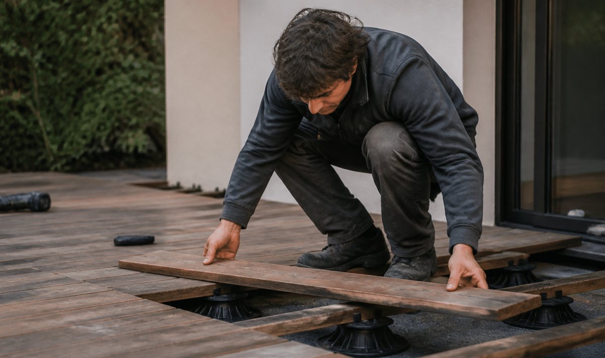 Ouvrier posant dalles de bois sur plots de support sureleves