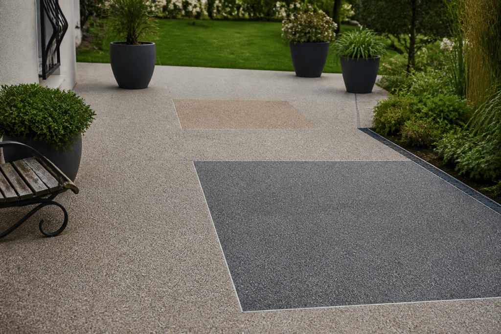 Terrasse en résine avec zones de différentes dimensions visibles