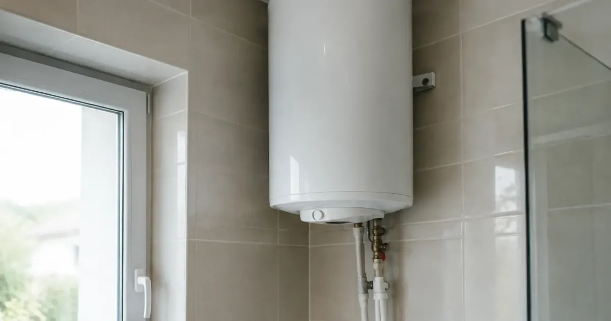 Chauffe-eau blanc cylindrique fixe haut mur carrelage