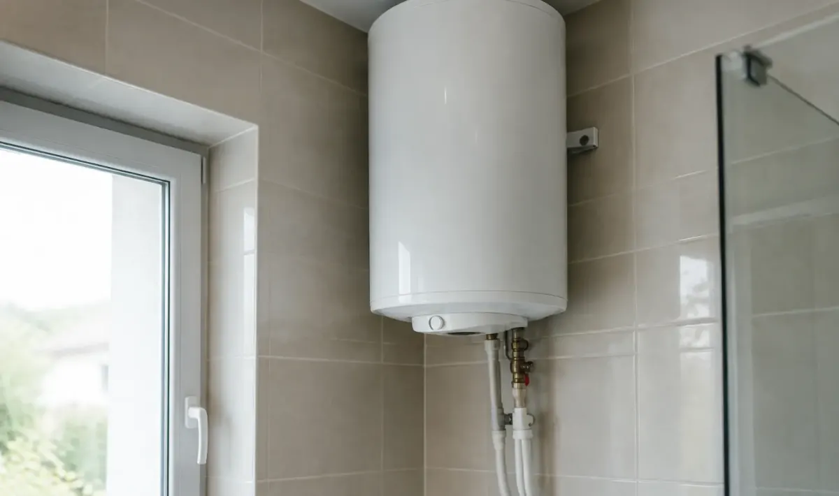 Chauffe-eau blanc cylindrique fixe haut mur carrelage