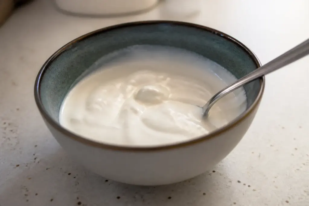 Melange blanc epais dans bol avec cuillere