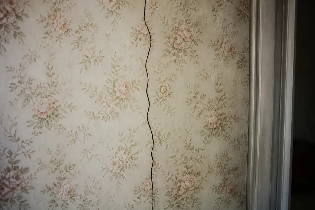 Mur fissure recouvert de papier peint ancien