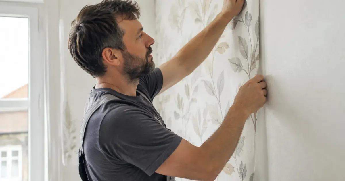 Ouvrier collant papier peint vertical sur mur blanc