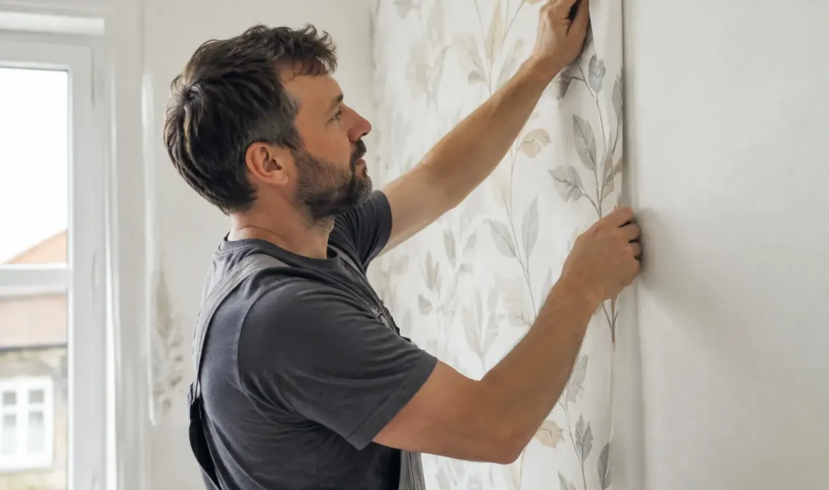 Ouvrier collant papier peint vertical sur mur blanc