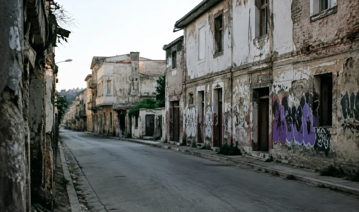Rues desertes avec batiments delabres et graffitis visibles