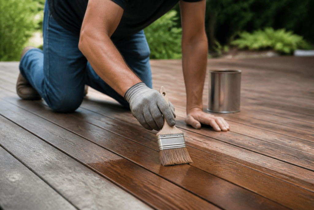 Main appliquant saturateur transparent sur planches bois terrasse