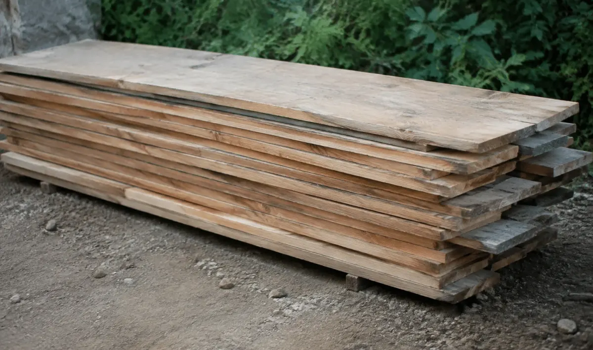 Planches bois empilees horizontalement sur sol nu