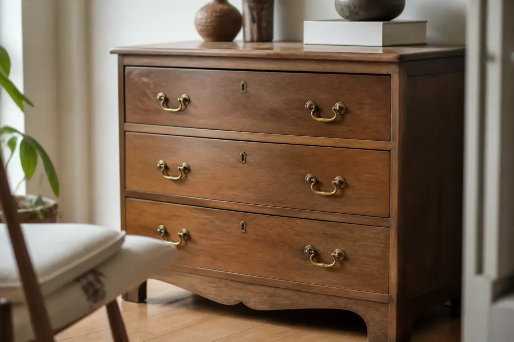 Commode en bois brun avec poignees en laiton