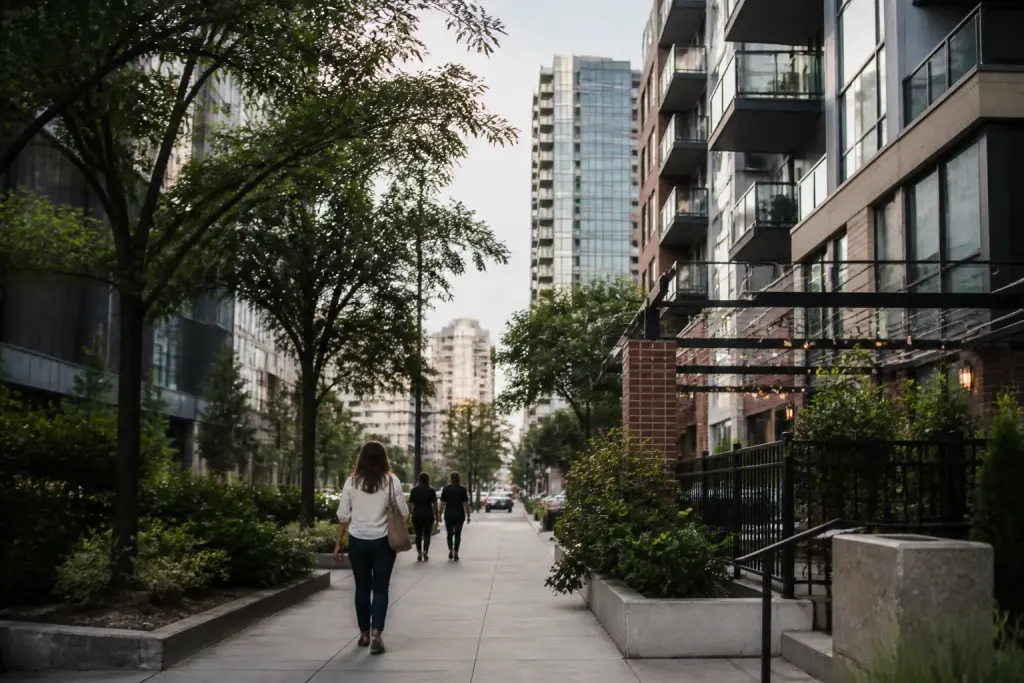 Densite urbaine avec residences, commerces et verdure