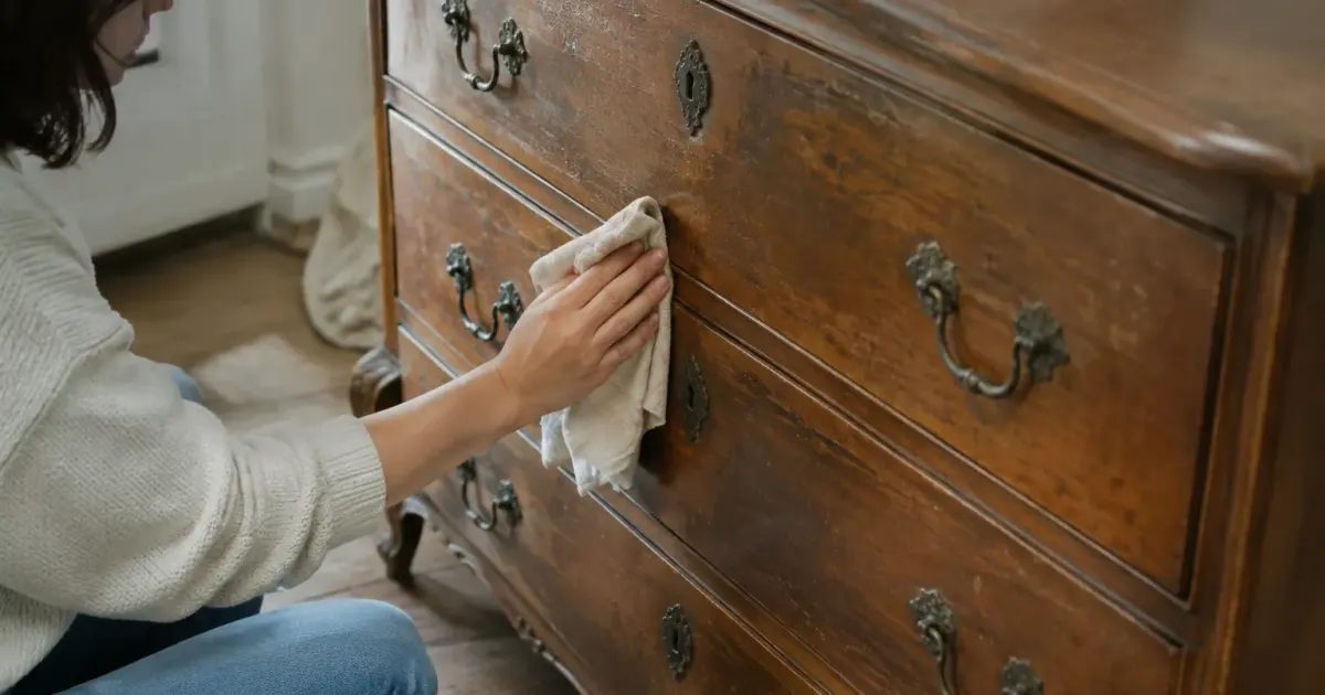 Mains frottant une commode ancienne posee au sol