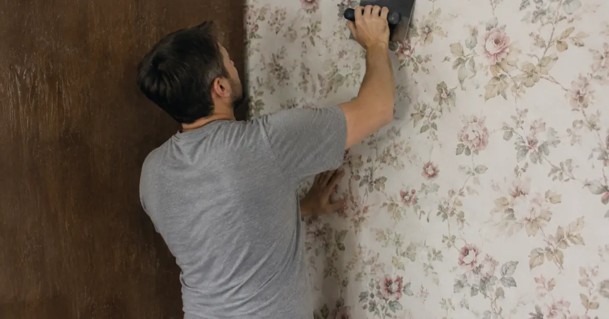Ouvrier debout lisse tapisserie fleurie contre planche brune