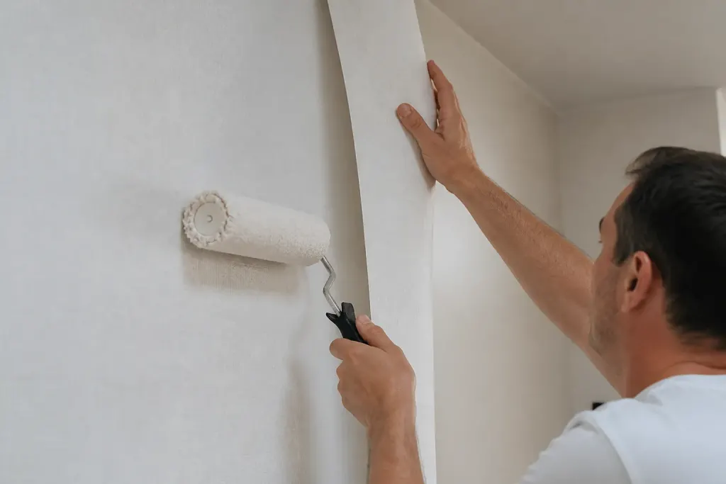 Rouleau applique tissu blanc dense mur