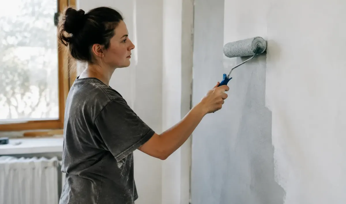 Personne debout applique peinture rouleau surface mur vertical