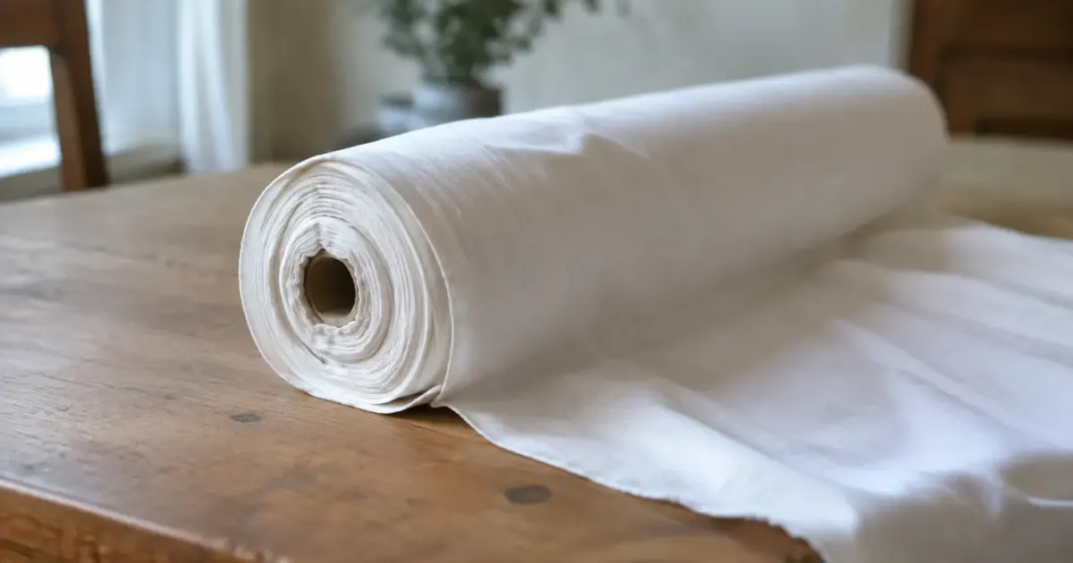 Rouleau de tissu blanc sur une table en bois