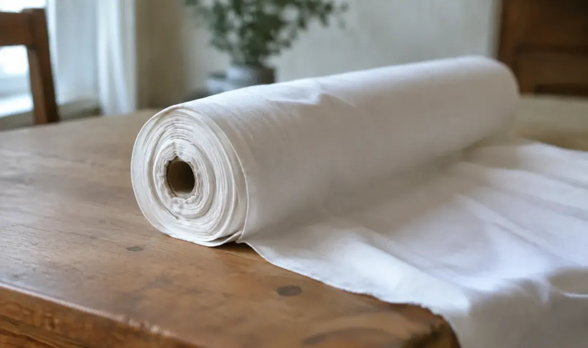 Rouleau de tissu blanc sur une table en bois